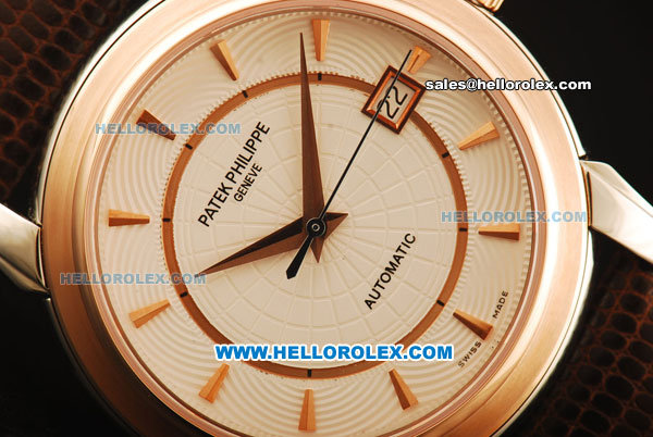 Patek Philippe Calatrava Swiss ETA 2836 Automatic Rose Gold Case with White Dial and Black Leather Strap - Click Image to Close
